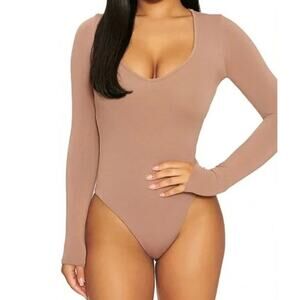 New ~ NAKED WARDROBE  ~ Deep-V Long Sleeve Bodysuit Size L